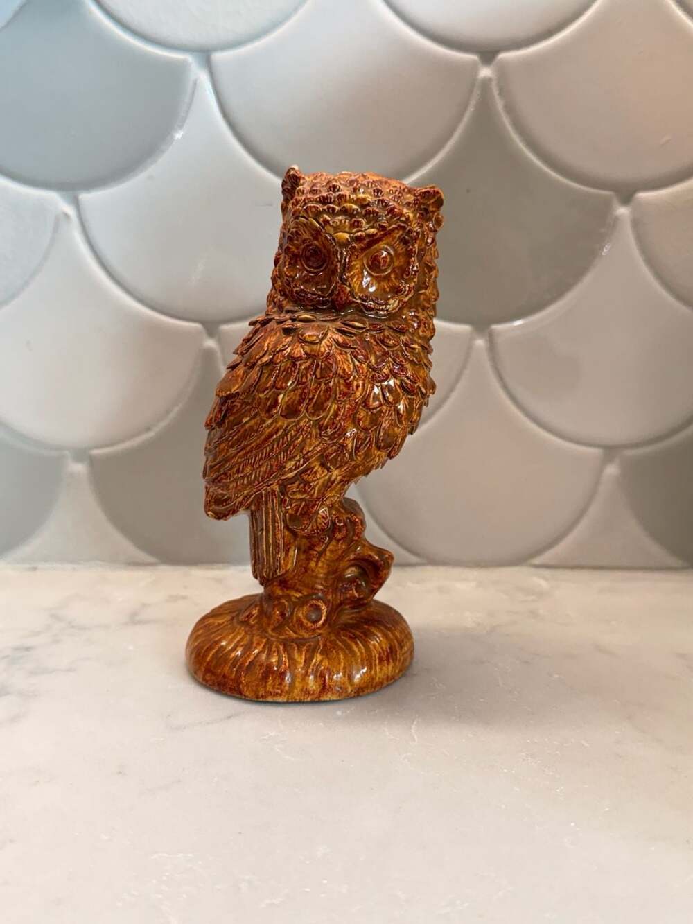 Vintage Ceramic Brown Drip Glaze Owl Figurine on Log Base